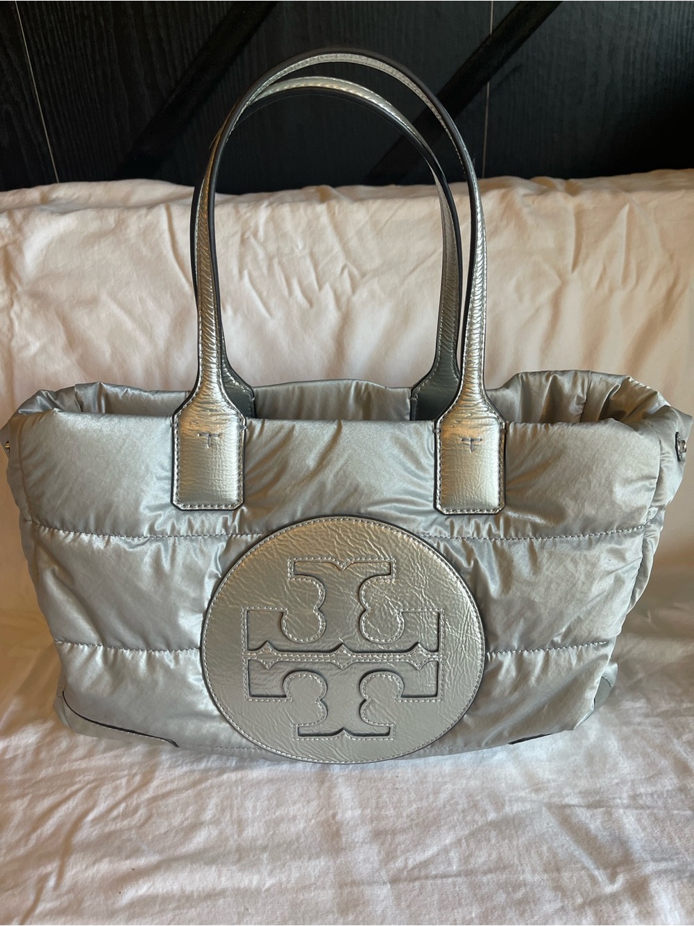 Tory Burch Metallic Silver Quilted Logo Tote